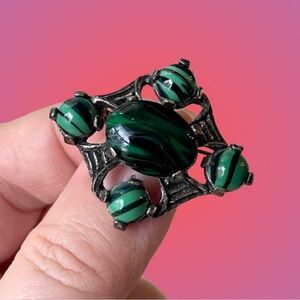 Signed vintage oxidized silvertone & faux malachite Celtic style brooch